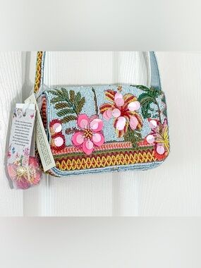 Beaded Floral Shoulder Bag w/ Sequin Detail + Matching Keychain Charm